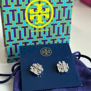 Tory Burch Large T Logo Stud Earrings Silver NWT